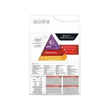 Parte trasera del saco Pro Plan Original Kitten con tabla e información nutricional.