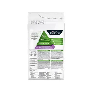 Parte trasera del saco Pro Plan Sterilised con información nutricional, raciones y beneficios OptiRenal.