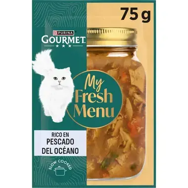 Pack Gourmet My Fresh Menu rico en pescado del océano de 75 g con tarro y gato blanco.