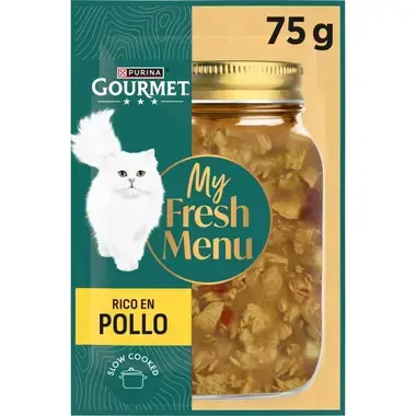 Pack Gourmet My Fresh Menu rico en pollo de 75 g con imagen de tarro y gato blanco.