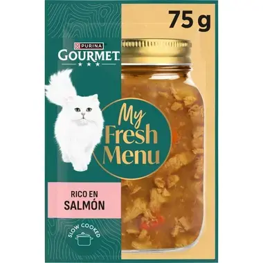 Pack Gourmet My Fresh Menu rico en salmón de 75 g con imagen de tarro y gato blanco.