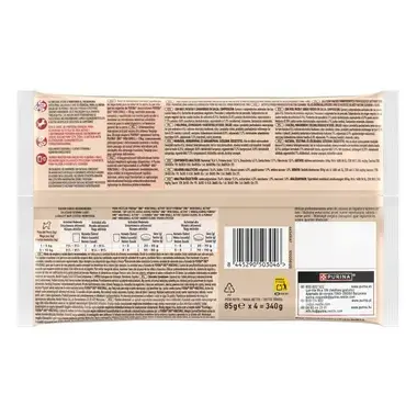 Parte trasera del pack Purina One Mini/Small Active con información nutricional y código de barras.