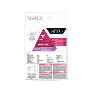 Parte trasera del saco Purina Pro Plan Delicate con información nutricional, raciones e ingredientes.