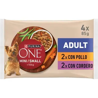 Pack Purina One Mini/Small Adult 4 x 85 g con 2 sobres de pollo y 2 de cordero.