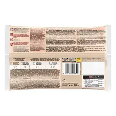 Parte trasera del pack Purina One Mini/Small Adult con información nutricional y código de barras.