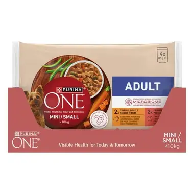 Pack Purina One Mini/Small Adult en expositor frontal, 4 sobres de 85 g para perros pequeños.