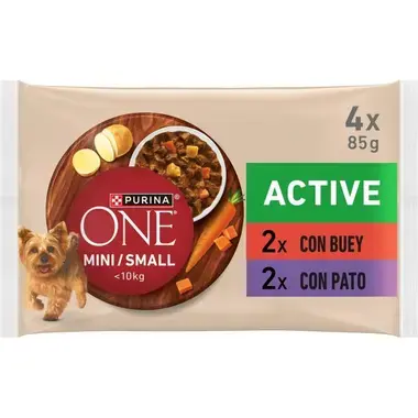 Pack Purina One Mini/Small Active 4 x 85 g con 2 sobres de buey y 2 de pato.