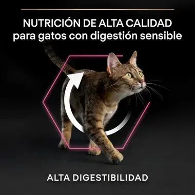 Gato sobre fondo negro con mensaje de alta digestibilidad para gatos con digestión sensible.
