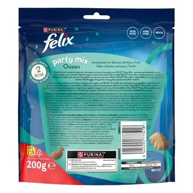 Parte trasera del pack Felix Party Mix Ocean con información nutricional, código de barras y peso 200 g.