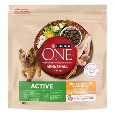 Purina ONE Mini/Small Active rico en pollo con arroz, saco de 1,5 kg