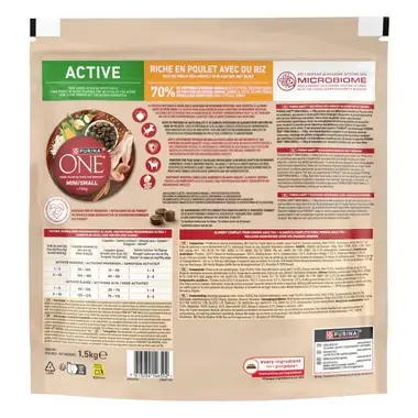 Parte posterior del saco de Purina ONE Mini/Small Active de 1,5 kg