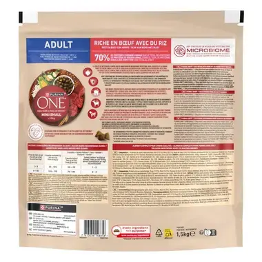 Parte posterior del saco de Purina ONE Mini/Small Adult de 1,5 kg