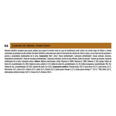 Composición y componentes analíticos de Purina Pro Plan Veterinary Diets NF Renal Function