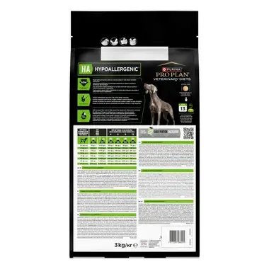 Parte posterior del saco de Purina Pro Plan Veterinary Diets HA Hypoallergenic
