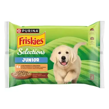 Purina Friskies Selections Junior con pollo y zanahorias, multipack de 4 sobres de 85 g