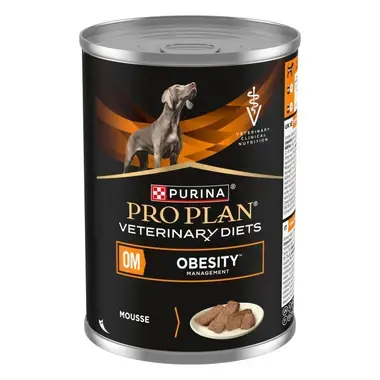 Alimento dietético completo Purina Pro Plan Veterinary Diets OM Obesity Management para perros adultos, con mousse servido en
