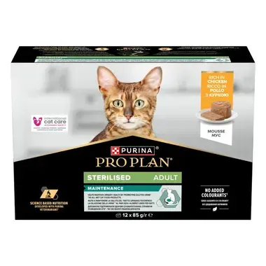 Caja Purina Pro Plan Sterilised Adult Maintenance con pollo para gatos adultos esterilizados, formato 12 sobres de 85 g.
