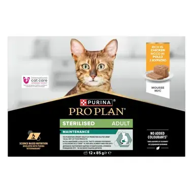 Pack Purina Pro Plan Sterilised Adult Maintenance con pollo para gatos adultos esterilizados.