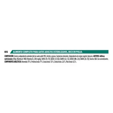Composición, aditivos y componentes analíticos de Purina Pro Plan Sterilised Adult, alimento completo rico en pollo para gato