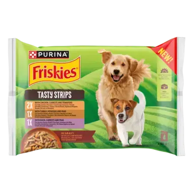 Pack Purina Friskies Tasty Strips en salsa para perros adultos, con cuatro sobres de diferentes recetas.