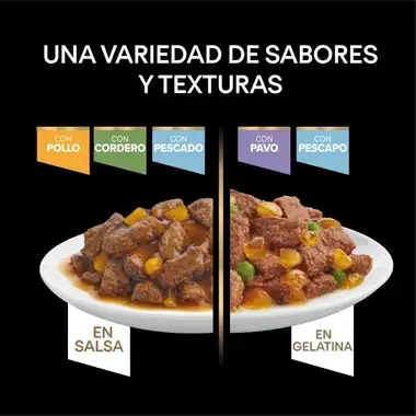 Variedades de PRO PLAN en salsa, con pollo, cordero o pescado, y en gelatina, con pavo o pescado.