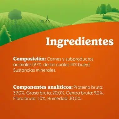 Composición: 97 % de carnes y subproductos animales (14 % buey) y minerales. Proteínas 39 %, grasas 20 % y humedad 30 %.