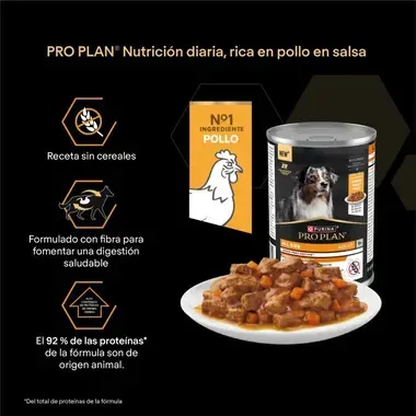 PRO PLAN rico en pollo en salsa, sin cereales, con fibra para una digestión saludable y 92 % de proteínas de origen animal.