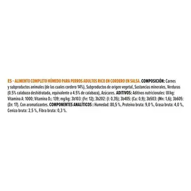 Composición del alimento húmedo PRO PLAN de cordero en salsa, con 14 % de cordero, aditivos y componentes analíticos.