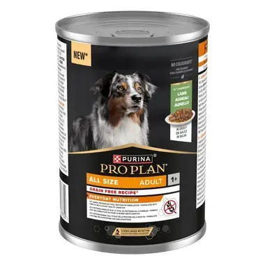 Lata de Purina PRO PLAN Adult de cordero en salsa para perros adultos, con receta sin cereales.