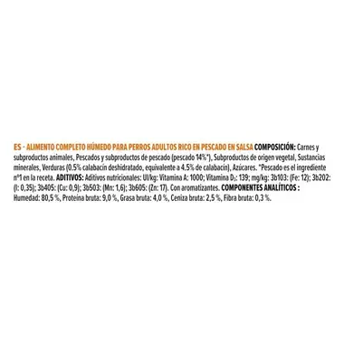 Composición del alimento húmedo PRO PLAN de pescado en salsa, con 14 % de pescado, aditivos y componentes analíticos.