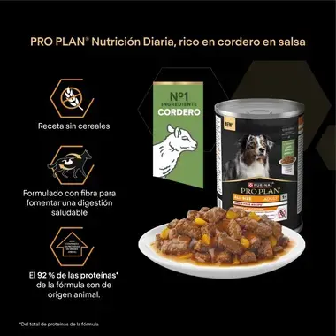 PRO PLAN de cordero en salsa, sin cereales y con fibra para la digestión. El 92 % de sus proteínas es de origen animal.