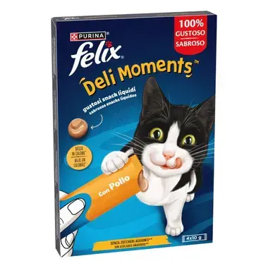 Envase de FELIX Deli Moments con pollo, snack líquido para gatos, con 4 sobres de 10 g.