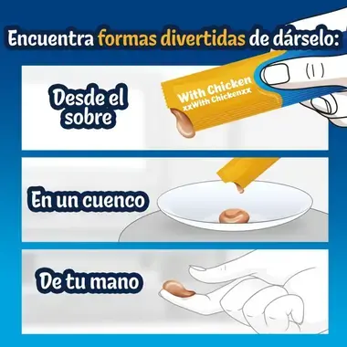 Tres formas de ofrecer FELIX Deli Moments con pollo: directamente del sobre, en un cuenco o desde la mano.