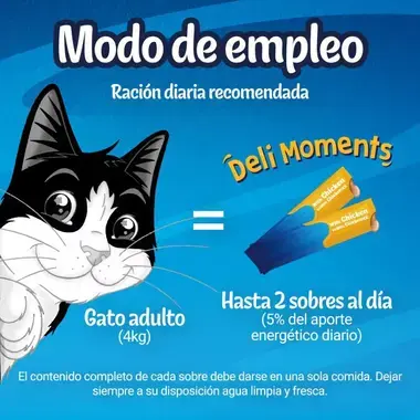 Ración diaria de FELIX Deli Moments para un gato adulto de 4 kg: hasta 2 sobres al día, con agua limpia y fresca disponible.