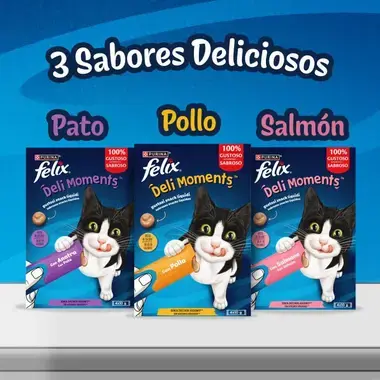 Variedades de FELIX Deli Moments: pato, pollo y salmón, en envases de 4 sobres de 10 g.
