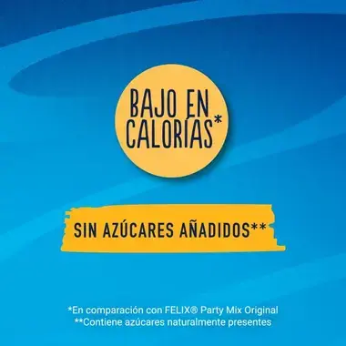 Bajo en calorías frente a FELIX Party Mix Original y sin azúcares añadidos; contiene azúcares naturalmente presentes.