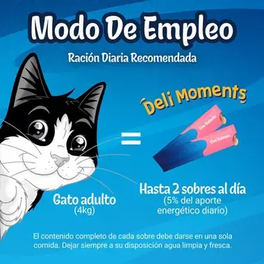 Ración diaria de FELIX Deli Moments para un gato adulto de 4 kg: hasta 2 sobres al día, con agua limpia y fresca disponible.