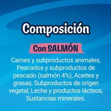 Composición de FELIX Deli Moments con salmón: carnes, pescados y subproductos, con un 4 % de salmón, aceites, grasas, derivad