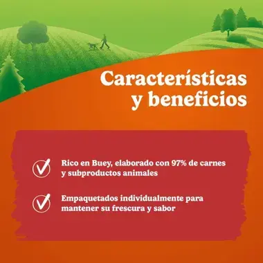 Snack rico en buey, con 97 % de carnes y subproductos animales, envasado individualmente para conservar su frescura.