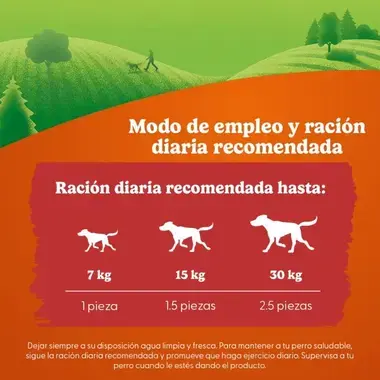 Ración diaria recomendada: perros de 7 kg, 1 pieza; 15 kg, 1,5 piezas; 30 kg, 2,5 piezas.