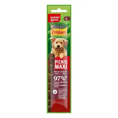 Envase Friskies Picnic Maxi, snack para perros rico en buey, con 97 % de carnes y subproductos animales.