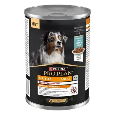 Lata de Purina PRO PLAN Adult de pescado en salsa para perros adultos, con receta sin cereales.