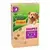 Caja de Purina Friskies Shapes: galletas para perro de 5 formas distintas y un Golden Retriever sobre fondo verde y beige.