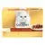 Caja Purina Gourmet Gold Bocaditos en Salsa 12 x 85 g con gato blanco y plato de comida.