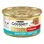 Lata Gourmet Gold Fondant con atún, vista lateral con imagen de la receta y gato blanco.