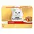 Caja Purina Gourmet Gold Fondant 12 x 85 g con gato blanco y porción con relleno líquido.