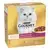 Caja Purina Gourmet Gold Doble Placer 8 x 85 g con gato blanco y plato de comida.