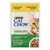 Sobre Purina Cat Chow Sterilised con pollo y berenjena en salsa, imagen frontal con gato.