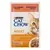 Sobre Purina Cat Chow Adult con ternera y berenjena en gelatina, imagen frontal con gato. Trocitos Cat Chow en gelatina con t