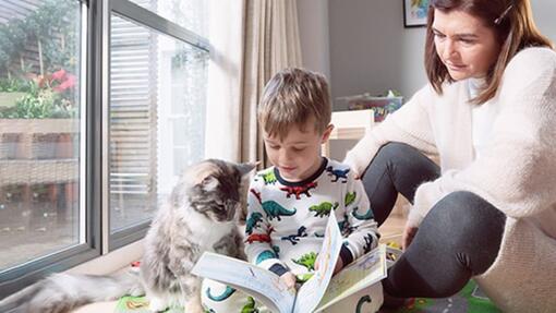 Ragazzo con il libro di lettura del gatto